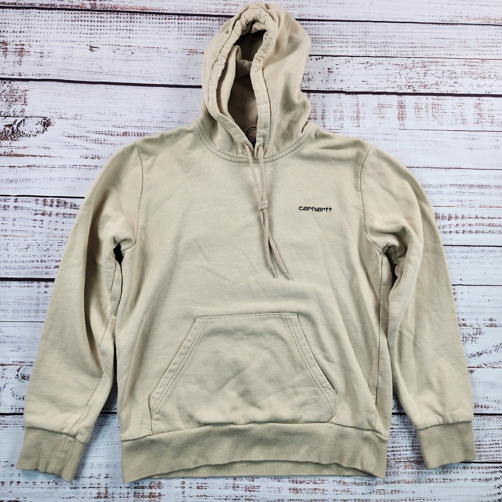 NWOT Carhartt WIP Mens Small Hooded Script Sweatshirt Pullover Tan